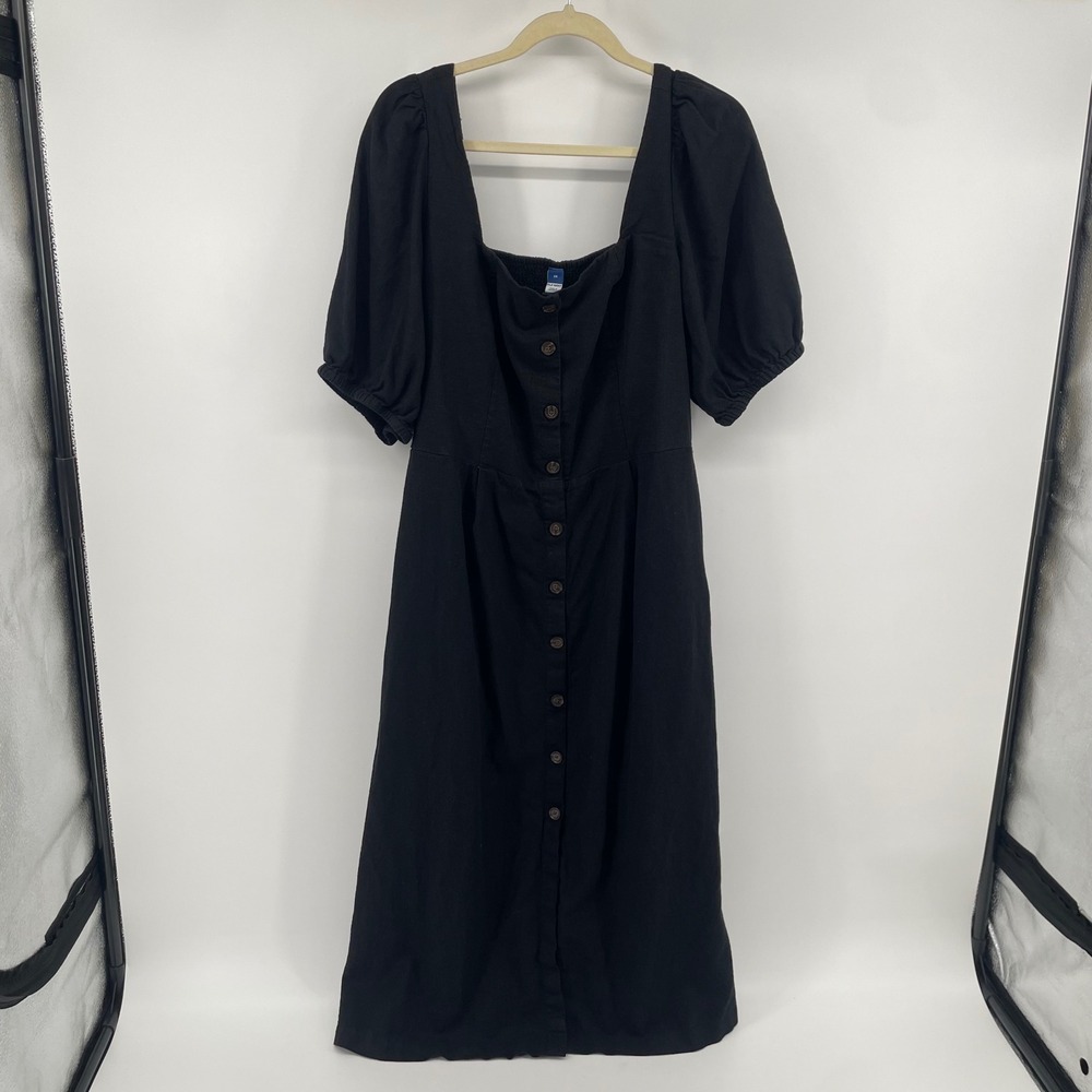 Old Navy Midi Dress Womens 2X Black Button Front Puff Sleeve Smocked Back Boho
